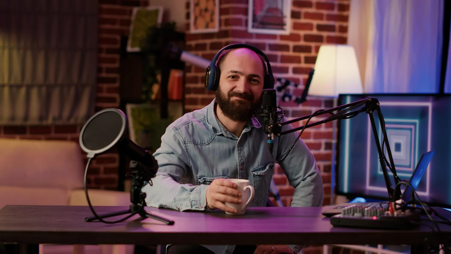 Homem gravando podcast com cenário e equipamento de áudio, depois de aprender como começar um podcast
