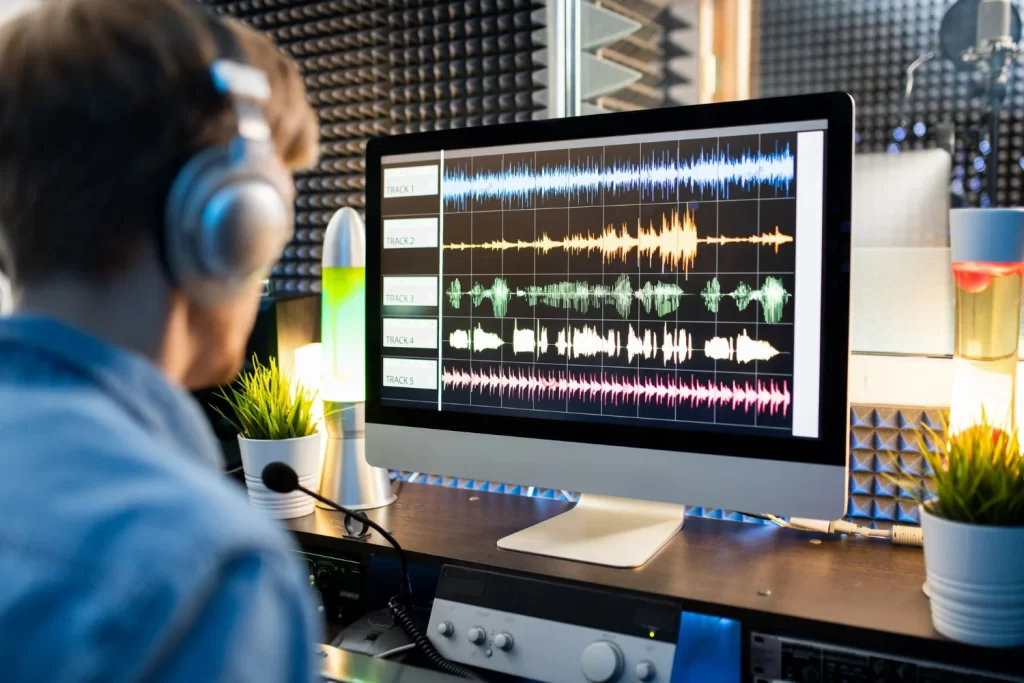 Produtor de conteúdo ilustra como editar um podcast com fones de ouvido e um computador